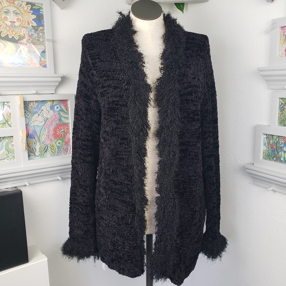 Kate Hill Long Black Fringed Boucle w/ Lurex Sweater -Cabincore Cozy Grandma L